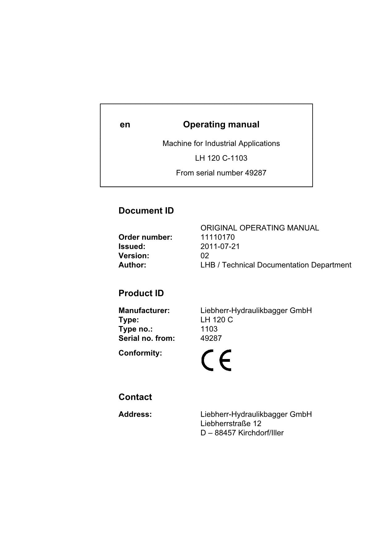 Liebherr LH120 C Excavator Operators manual