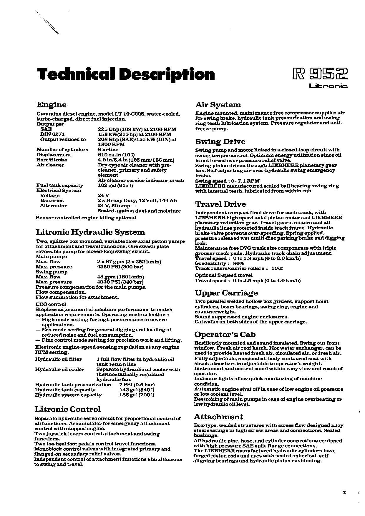 Liebherr R952 Litronic Excavator Operators manual