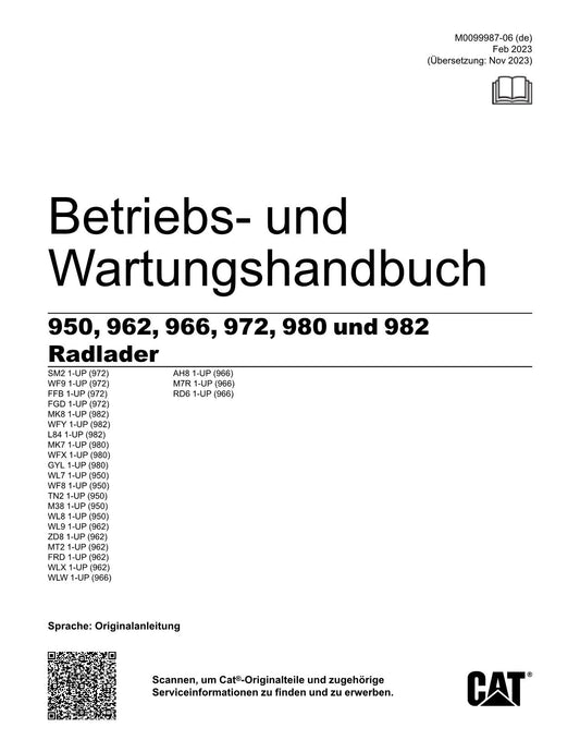 Caterpillar 950 962 966 972 980 982 Radlader Betriebsanleitung Seriennummer#