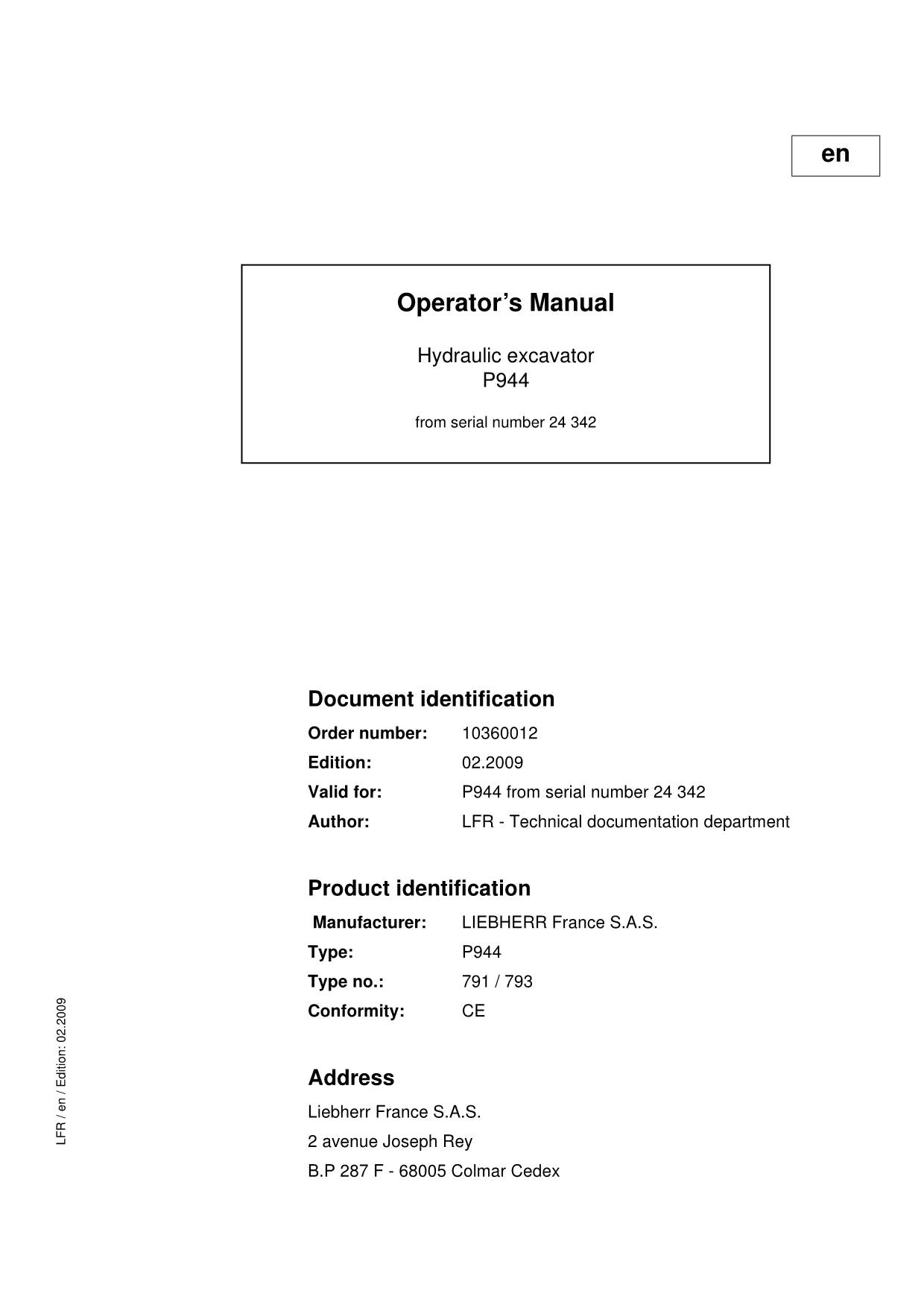 Liebherr P944 Excavator Operators manual