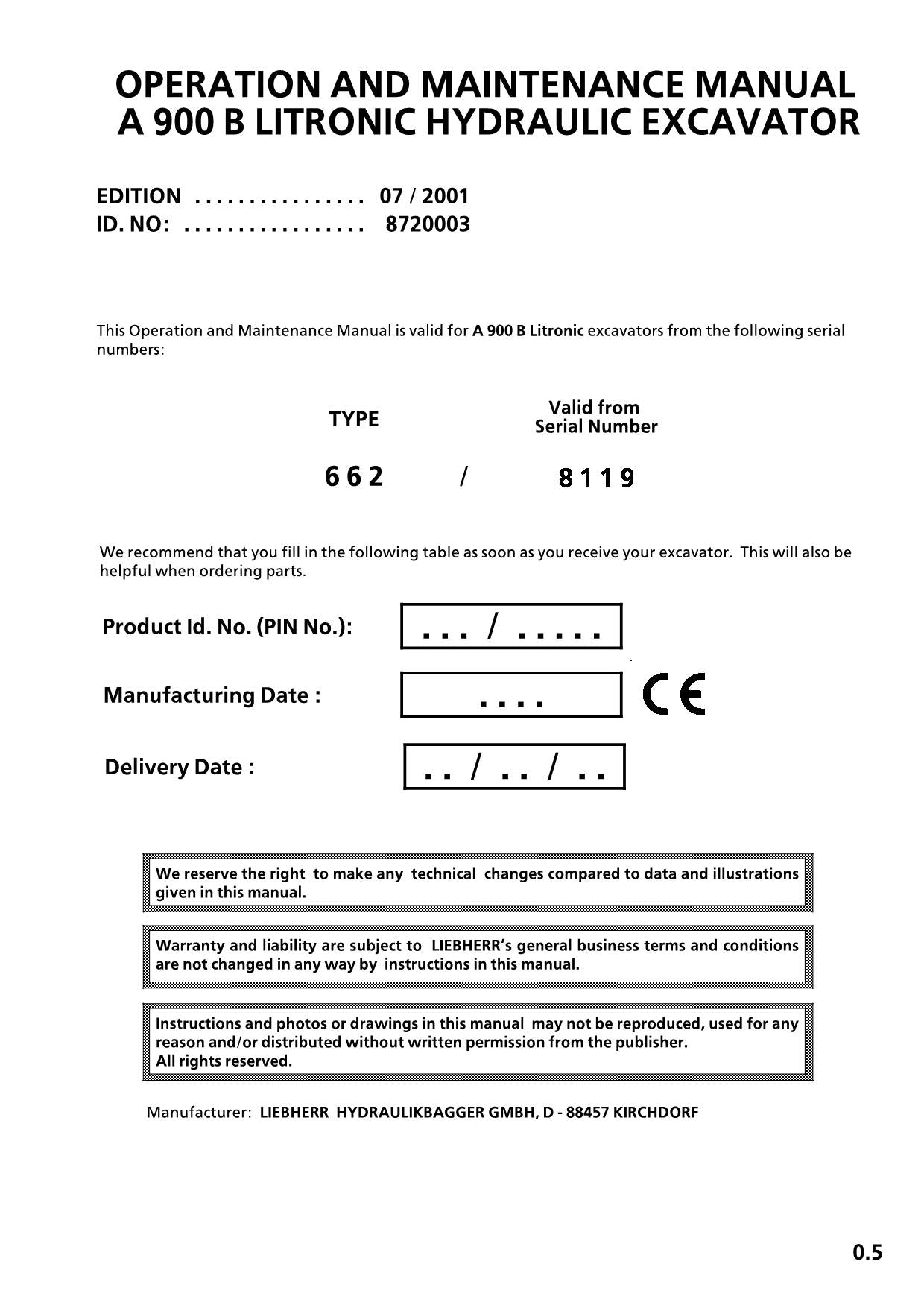 Liebherr A908 B Excavator  Operators manual