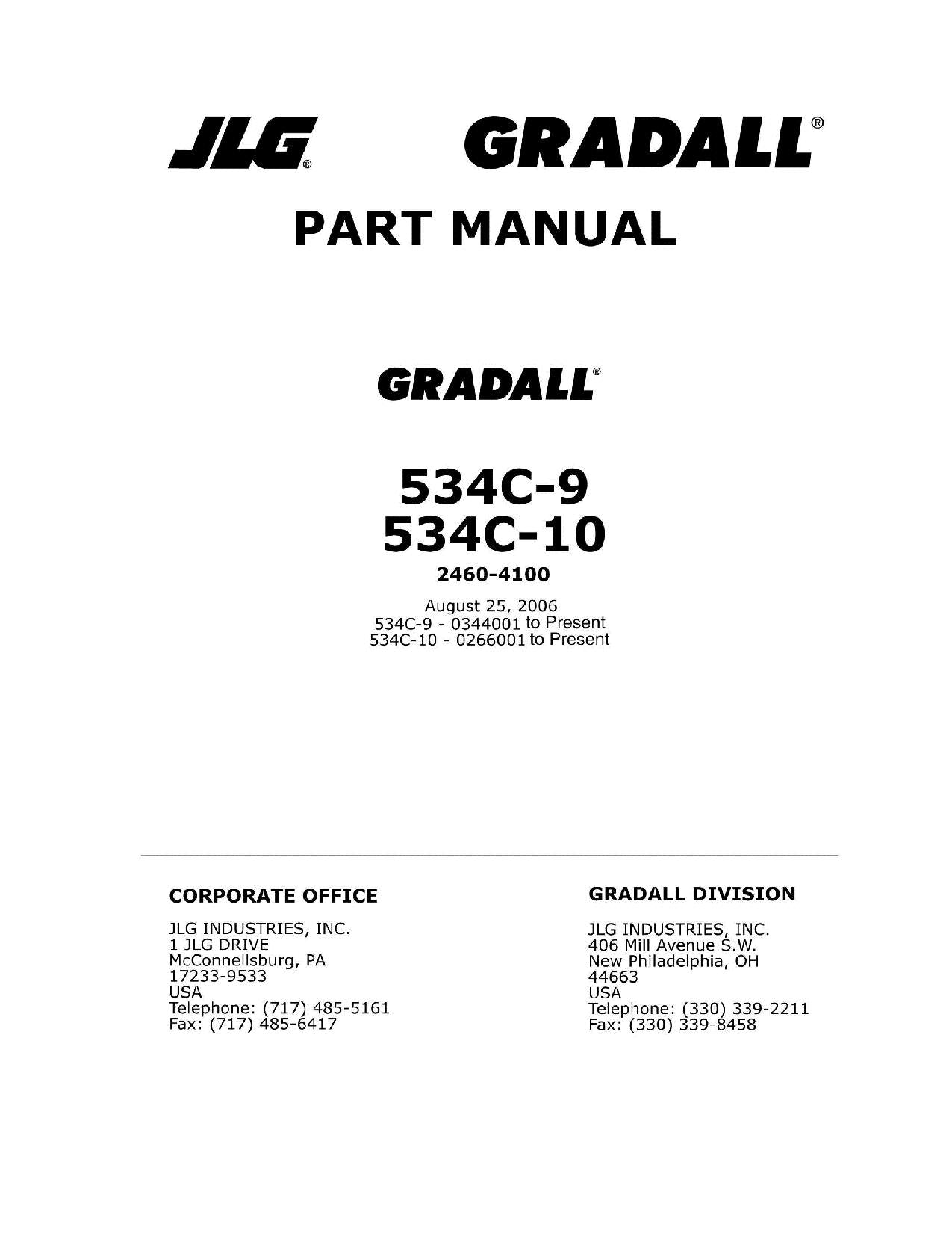 GRADALL JLG 534C-10 534C-9 Telehandler Parts Catalog Manual