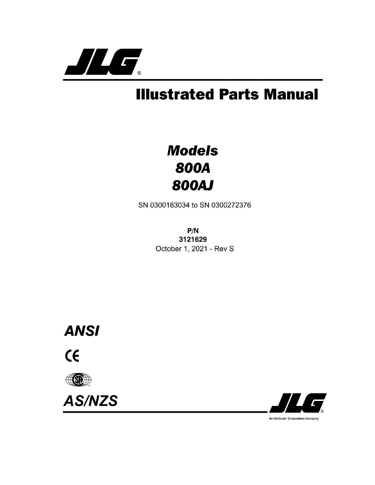 JLG 800A 800AJ Boom Lift Parts Catalog Manual 0300183034-0300272376