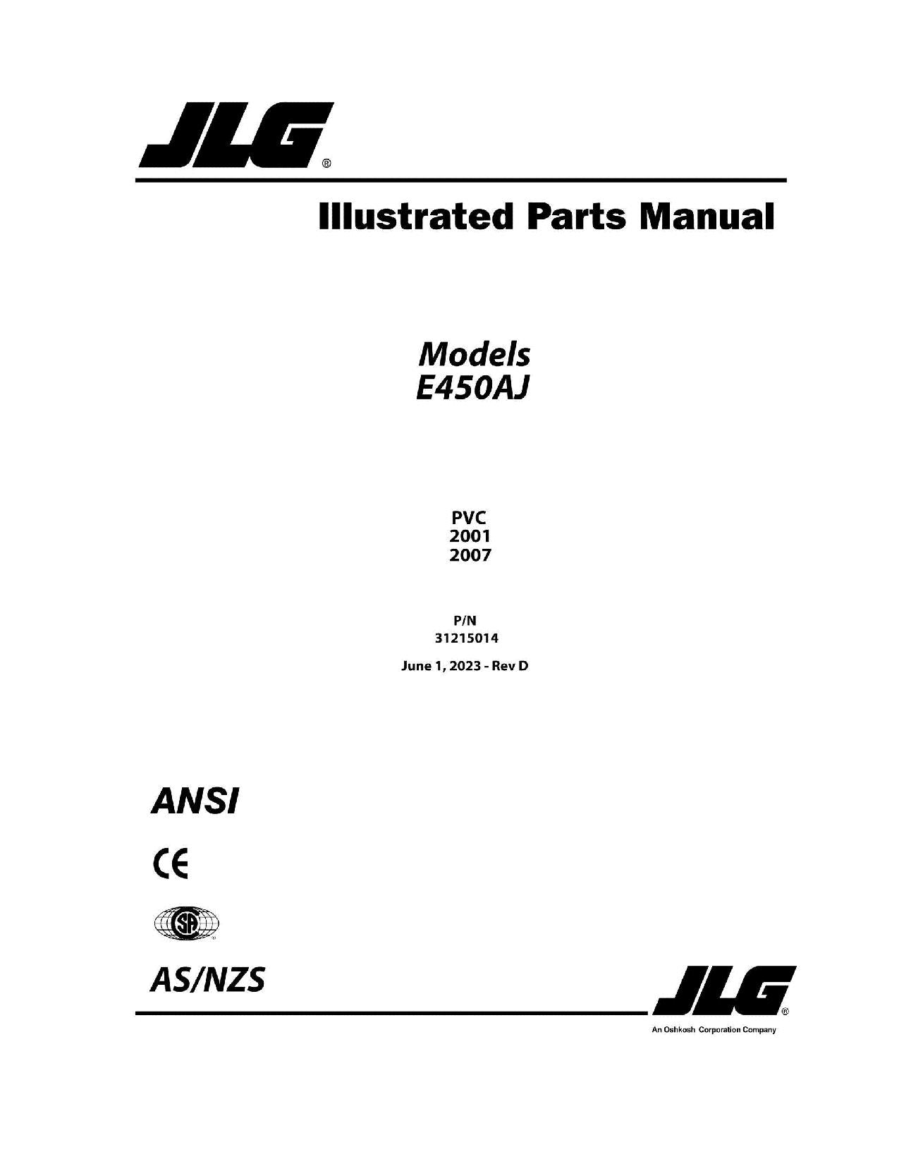 JLG E450A E450AJ M450AJ Boom Lift Parts Catalog Manual