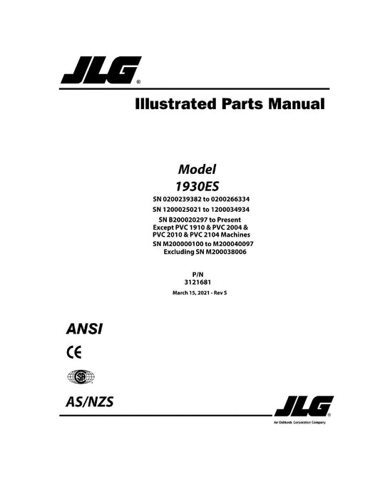 JLG 1930ES Scissor Lift Parts Catalog Manual