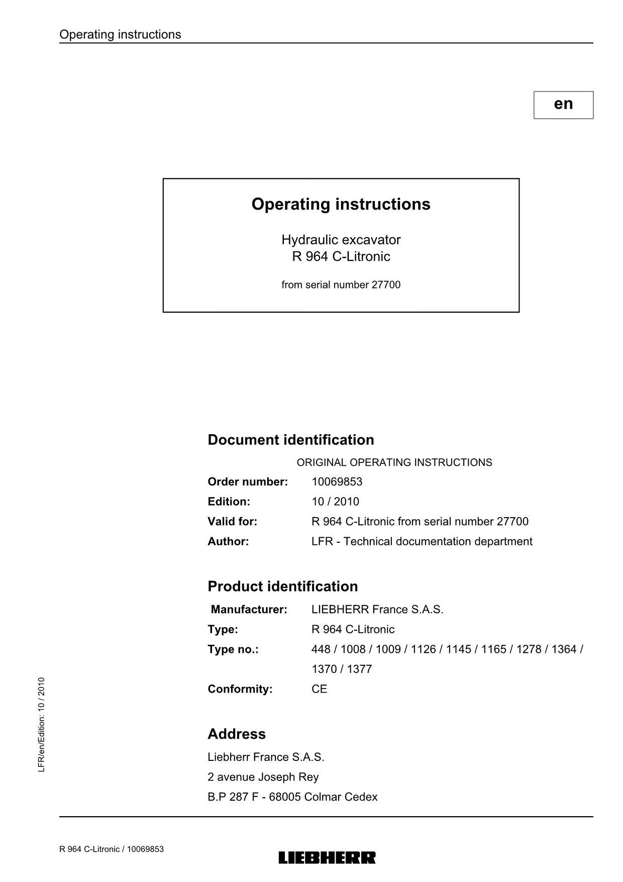 Liebherr R964 C-Litronic Excavator Operators manual serial 27700