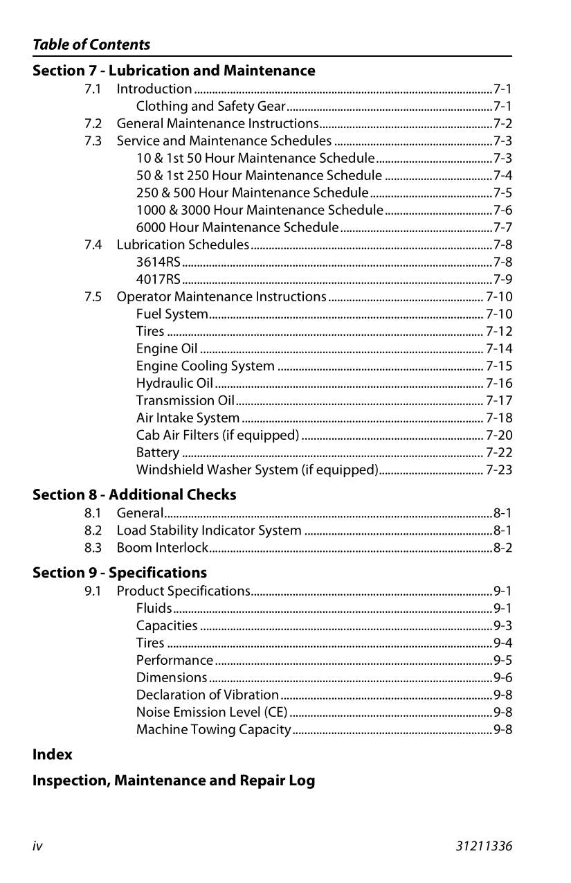 JLG 3614RS 4017RS Telehandler Maintenance Operation Operators Manual 31211336