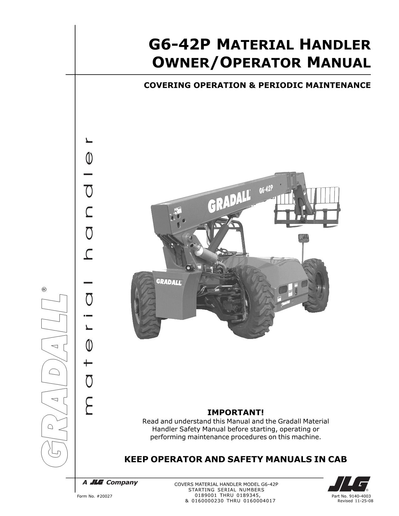 GRADALL JLG G6-42P Telehandler Maintenance Operation Operators Manual