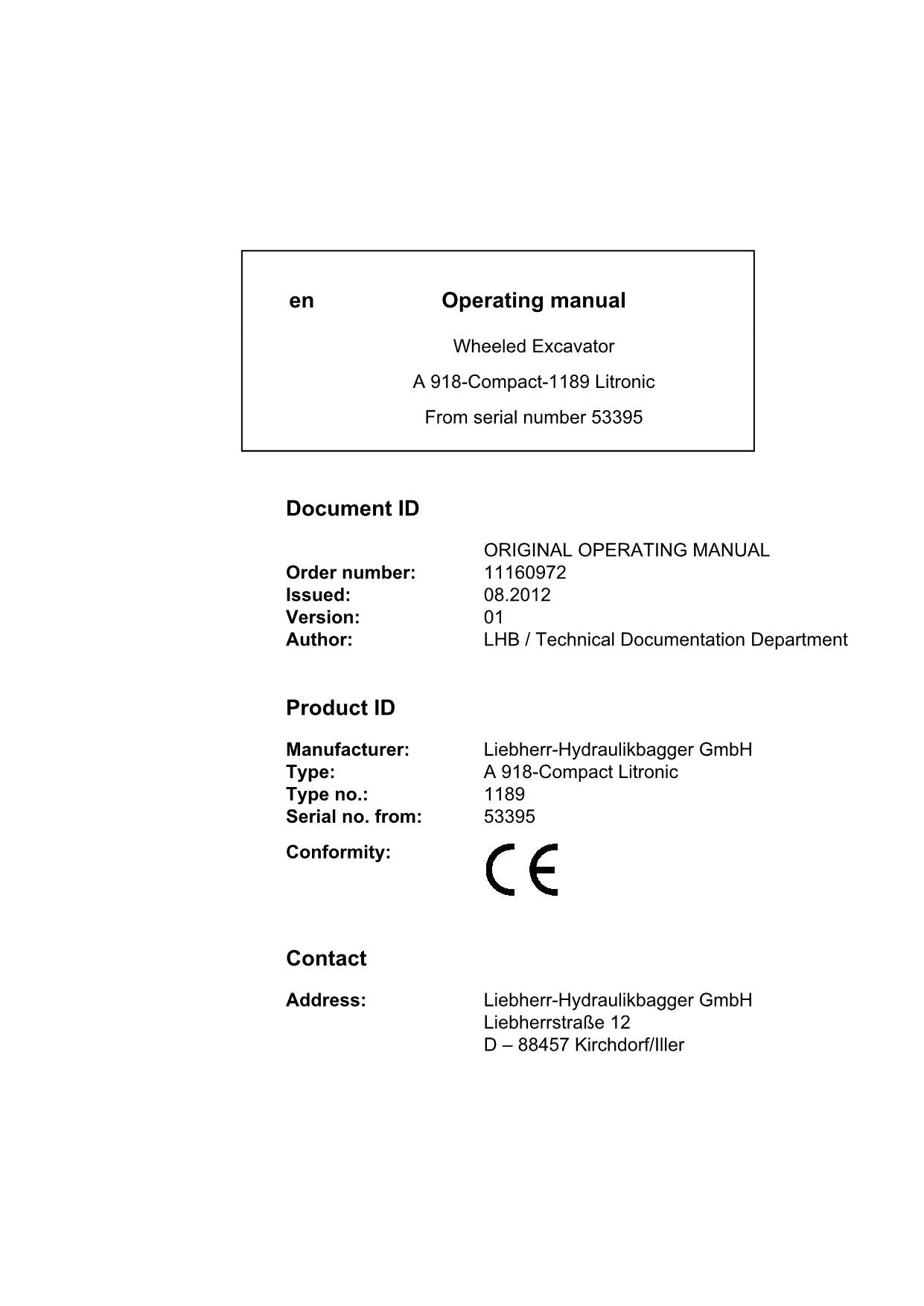 Liebherr A918-Compact-1189 Litronic Excavator Operators manual