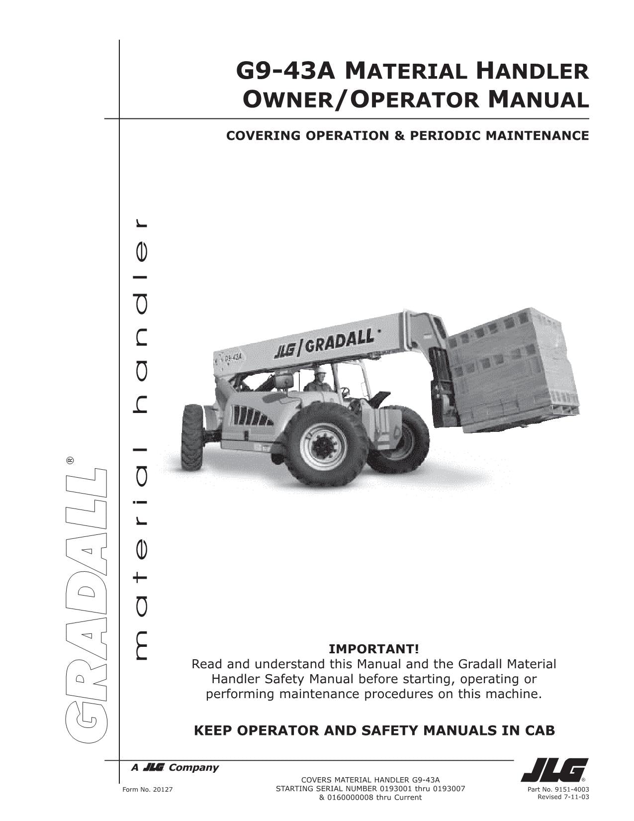 GRADALL JLG G9-43A Telehandler Maintenance Operation Operators Manual