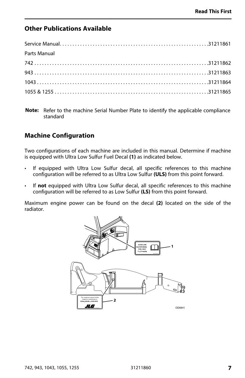 JLG 1043 1055 1255 742 943 Telehandler Maintenance Operators Manual 31211860