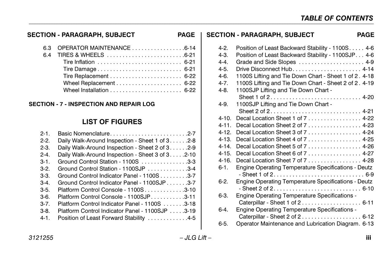 JLG 1100S 1100SJP Boom Lift Maintenance Operation Operators Manual