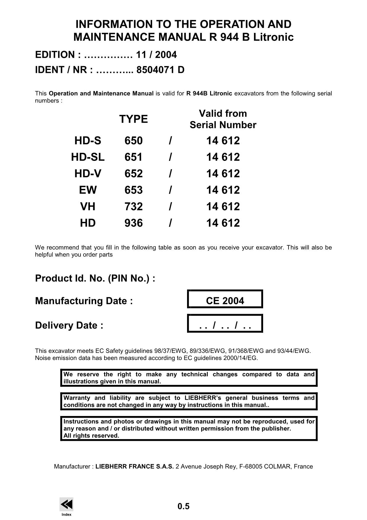 Liebherr R944 B Litronic Excavator Operators manual serial 14612