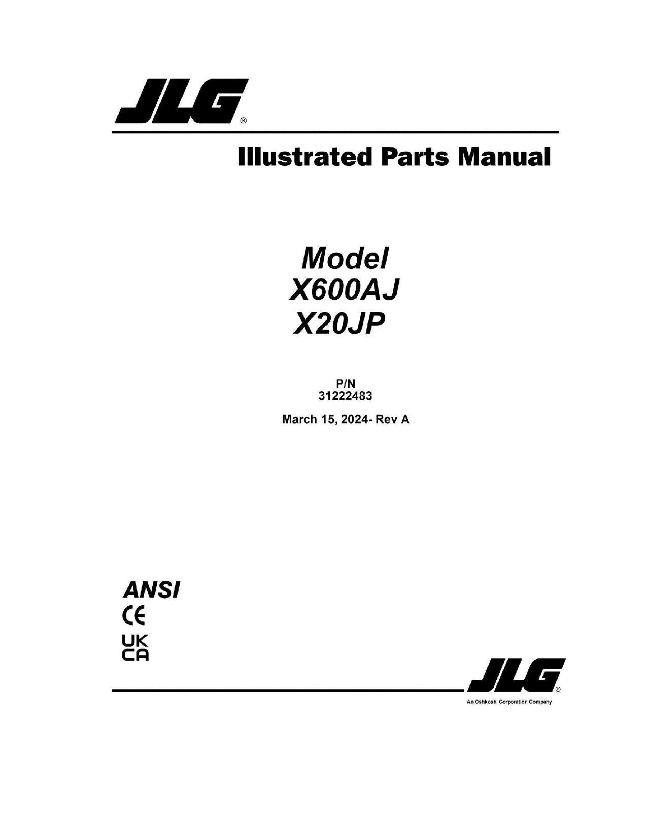 JLG X20JP X600AJ Compact Crawler Boom Parts Catalog Manual