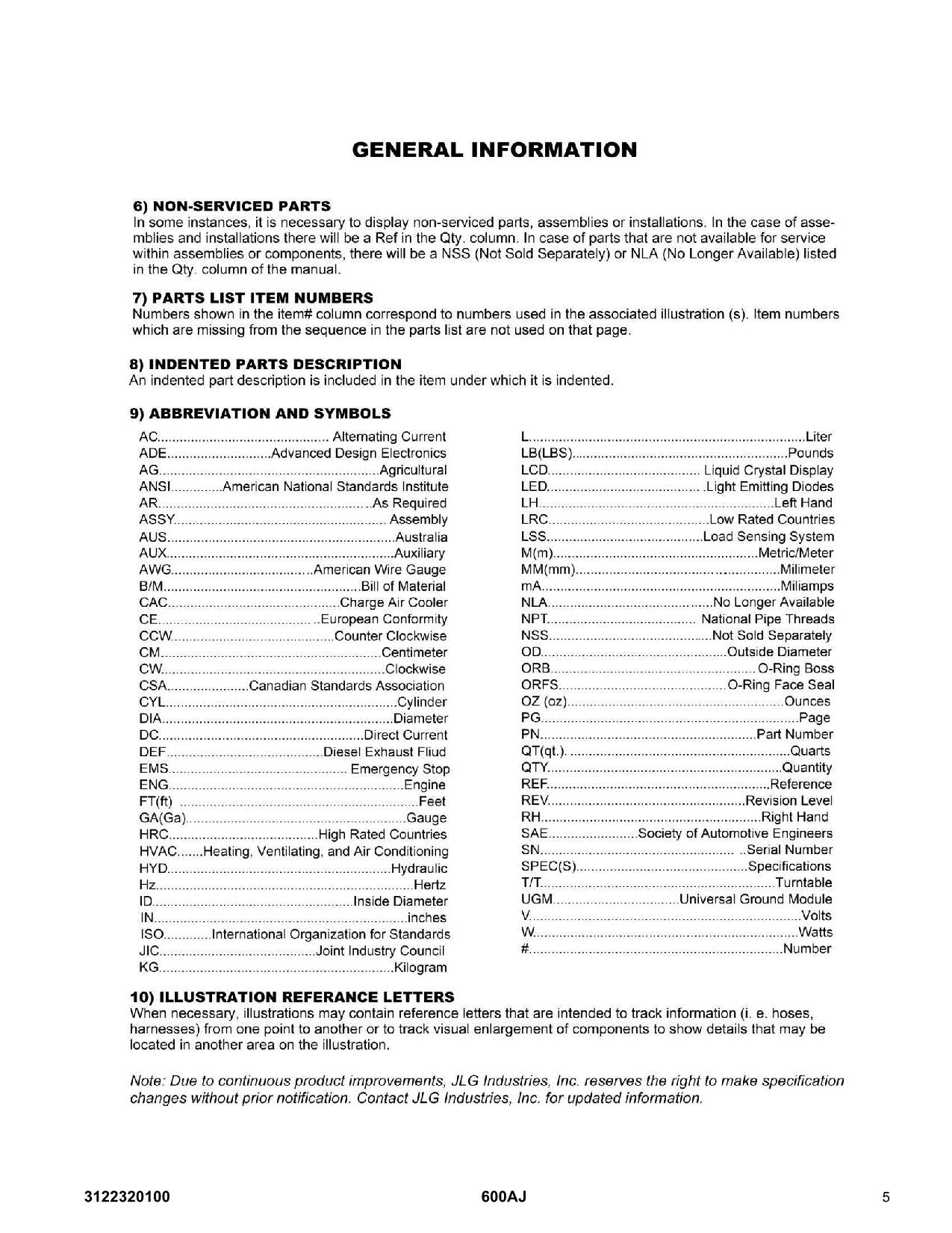 JLG 600AJ Boom Lift Parts Catalog Manual