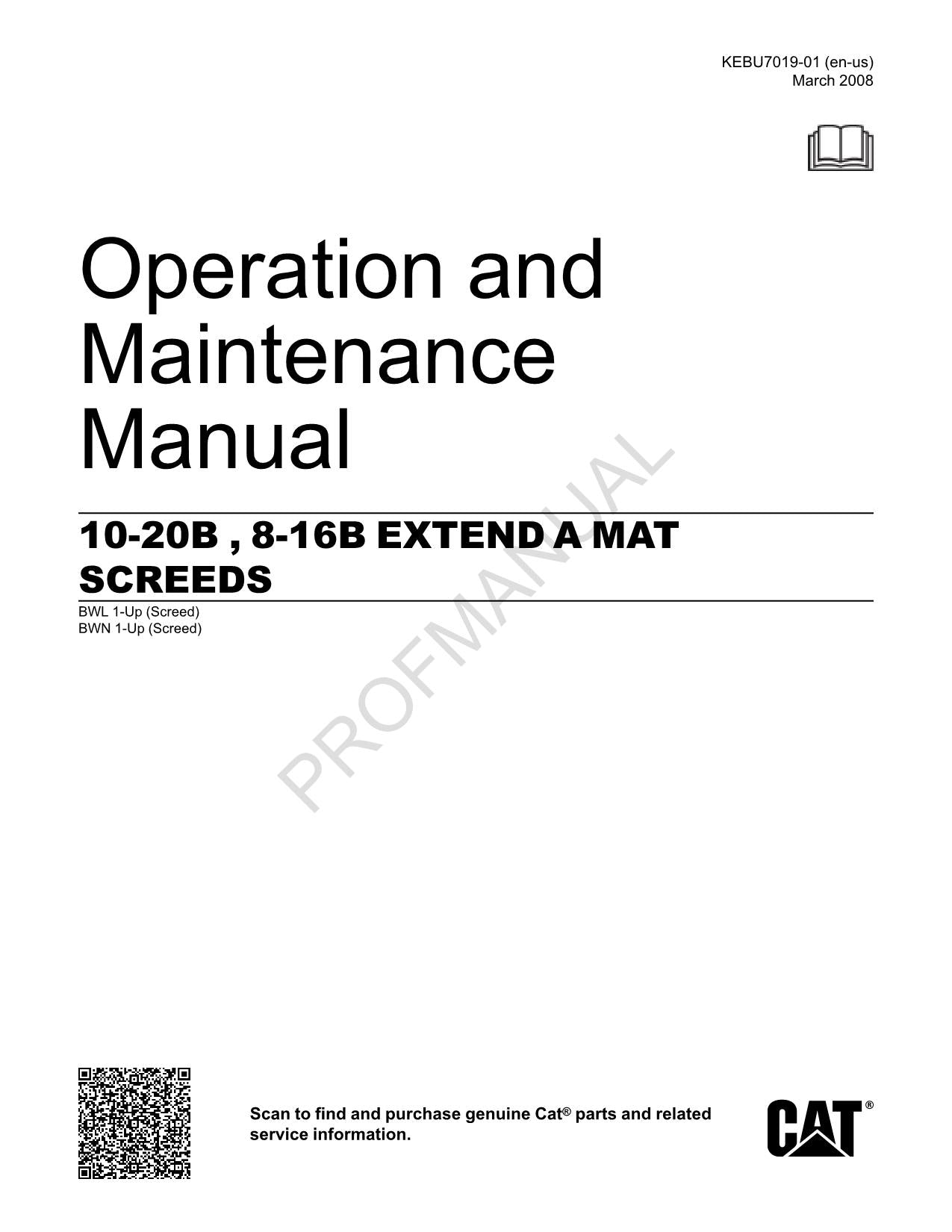 Caterpillar 10 20B 8 16B Extend Mat Screeds Operators Maintenance Manual