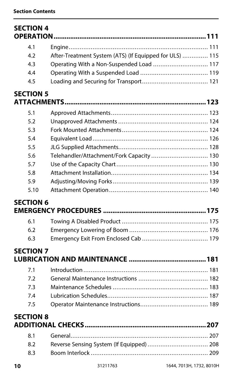 JLG 1644 1732 7013H 8010H Telehandler Maintenance Operators Manual 31211763