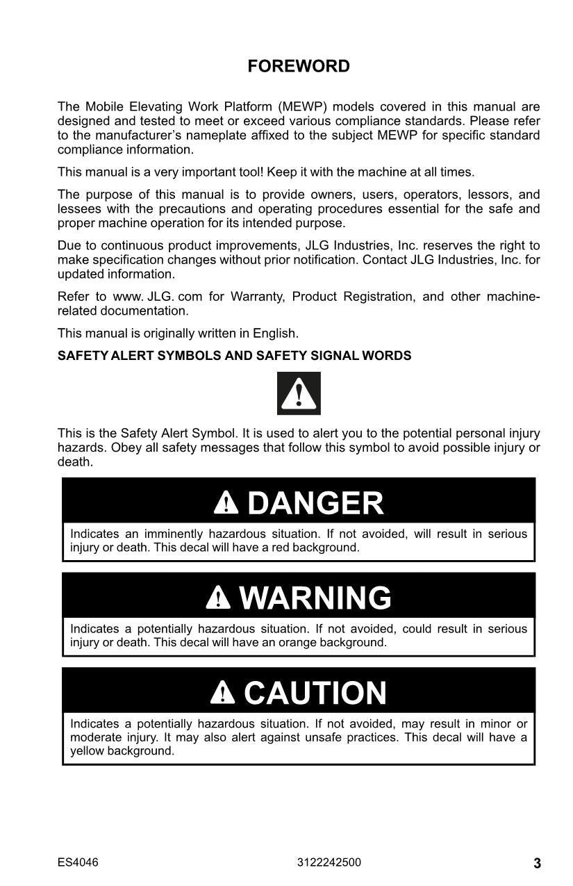 JLG ES4046 Scissor Lift Maintenance Operation Operators Manual