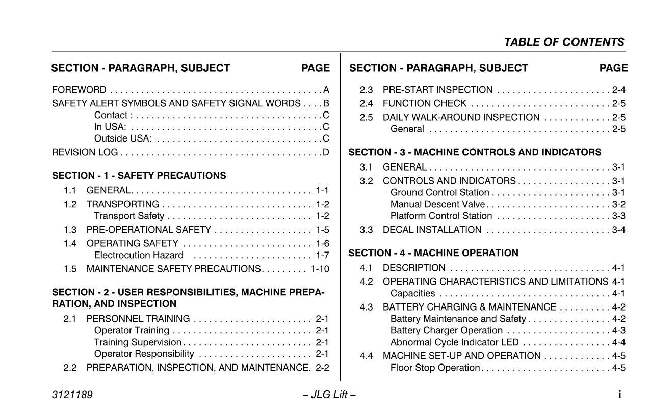 JLG 19AMI Vertical Mast Maintenance Operation Operators Manual