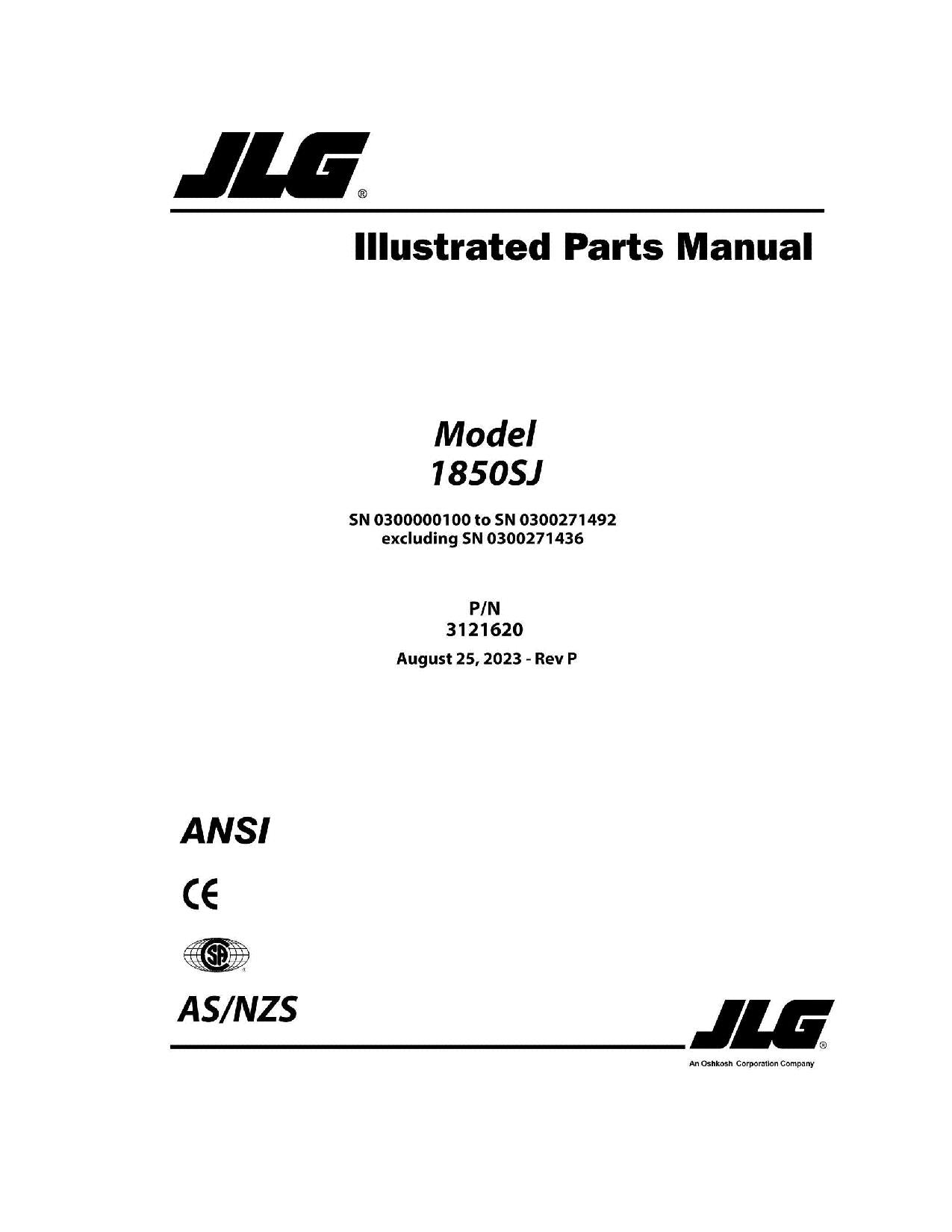 JLG 1850SJ Boom Lift Parts Catalog Manual 0300000100-0300271492