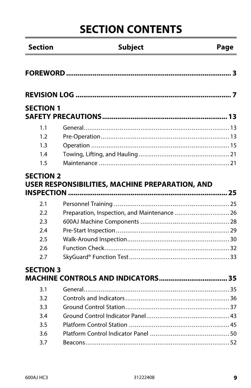 JLG 600AJ HC3 Boom Lift Maintenance Operation Operators Manual 31222408