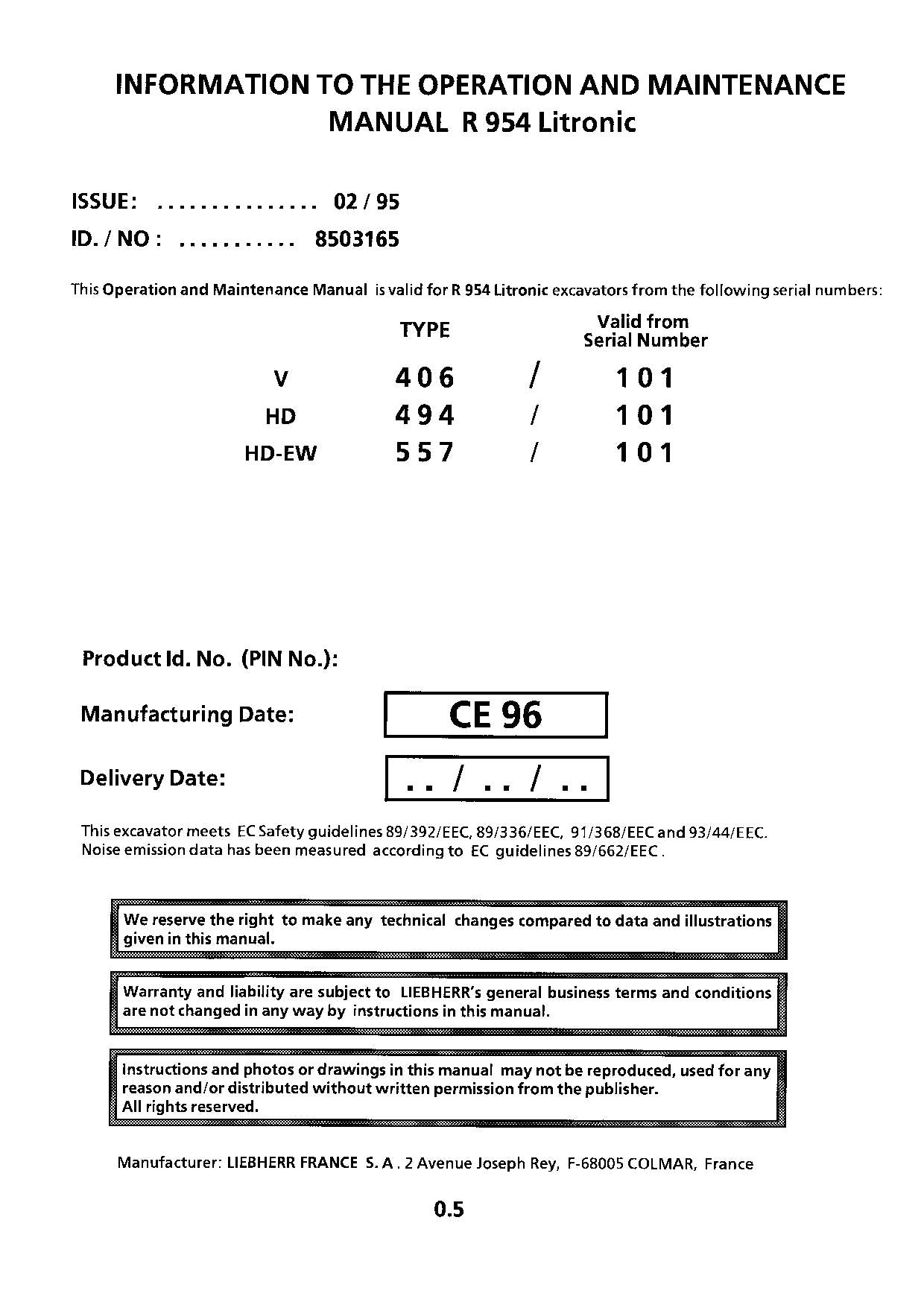 Liebherr R954 Litronic Excavator Operators manual serial 101