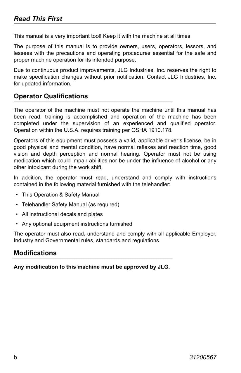 JLG 2906H 3507H 619A 723A L2906H Telehandler Operators Manual