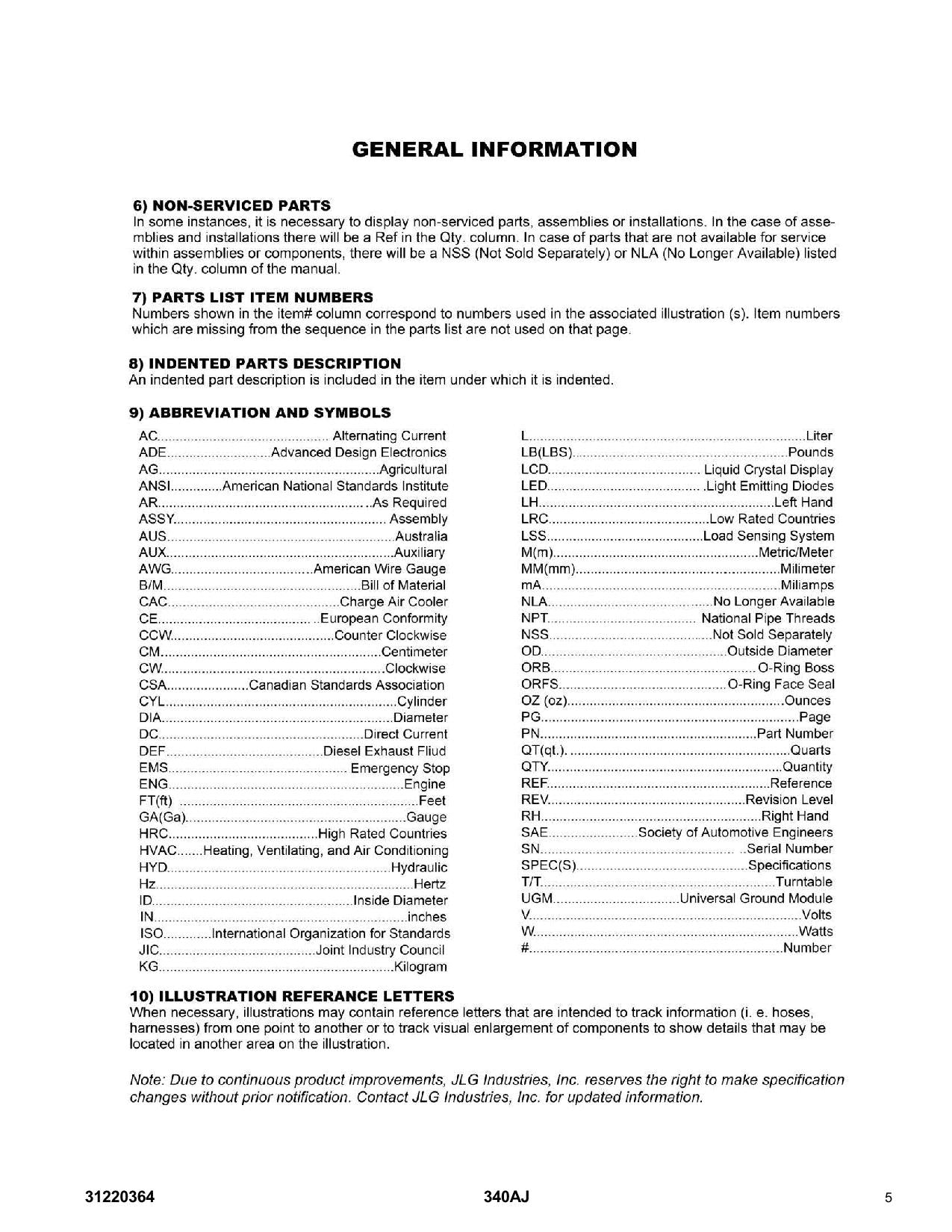 JLG 340AJ Boom Lift Parts Catalog Manual 31220364