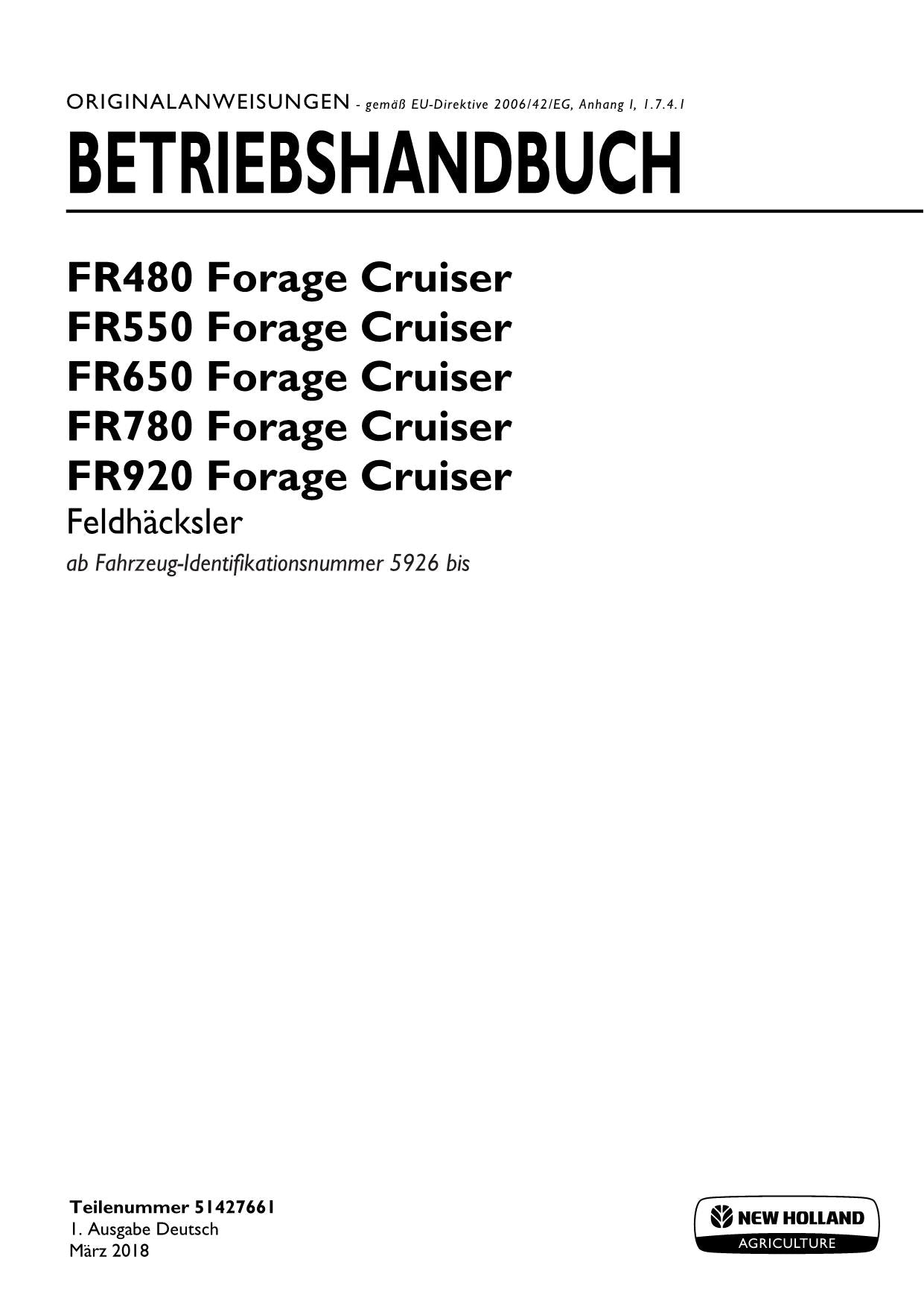 New Holland FR780 FR920 FORAGE CRUISER Feldhäcksler Betriebsanleitung