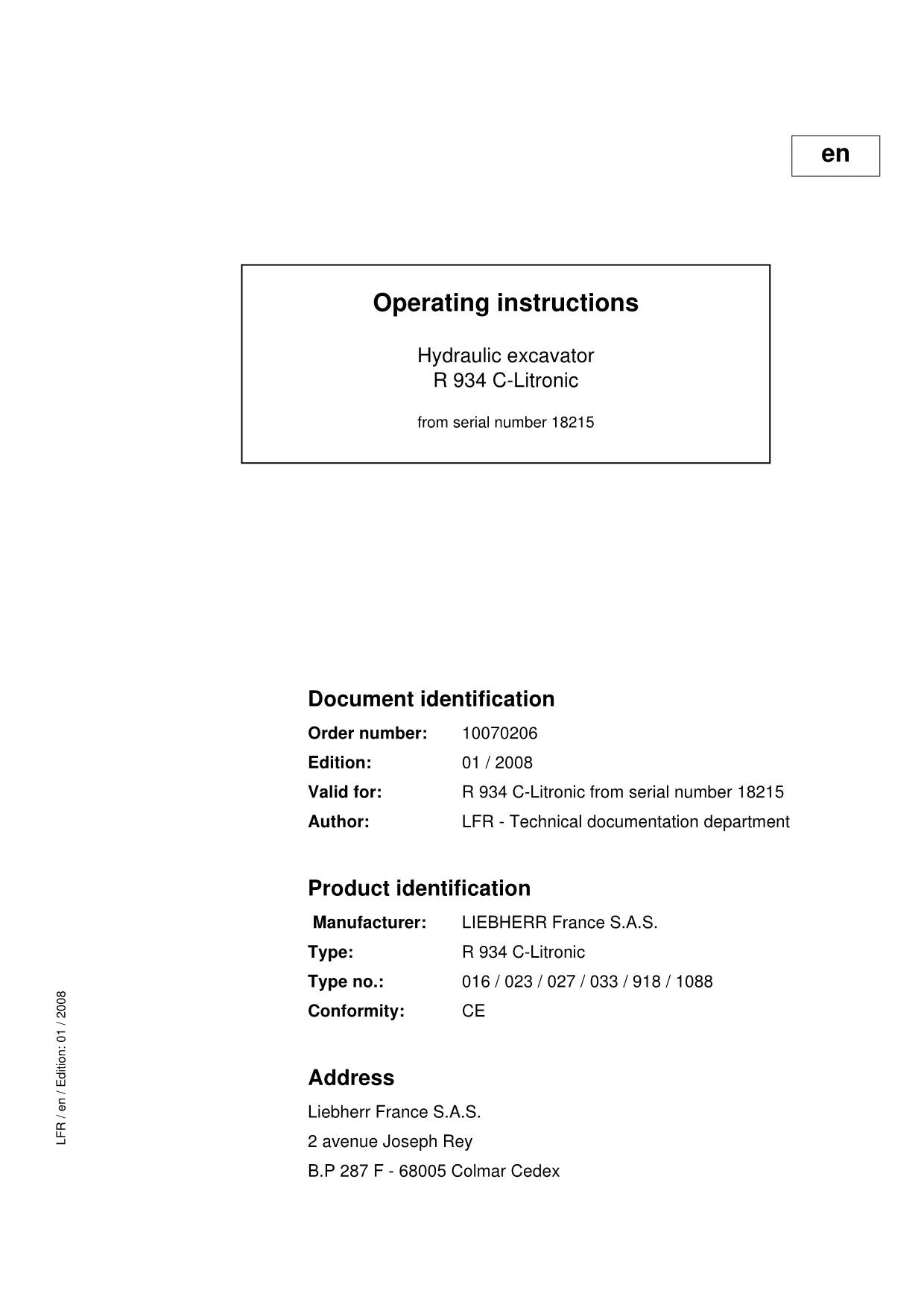 Liebherr R934 C-Litronic Excavator Operators manual