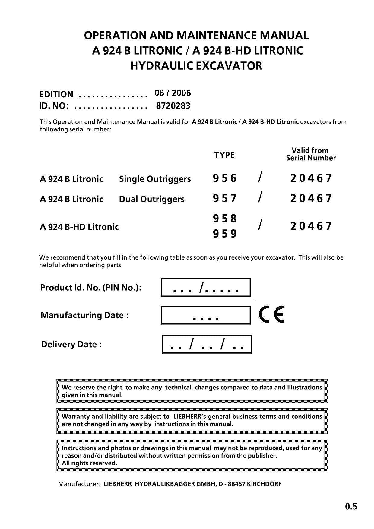 Liebherr A924 B LITRONIC A924 B-HD LITRONIC Excavator Operators manual