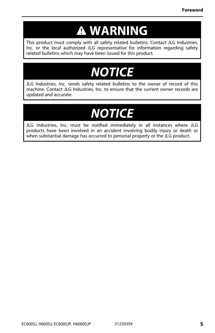 JLG EC600SJ EC600SJP H600SJ H600SJP Boom Lift Operators Manual 31220359