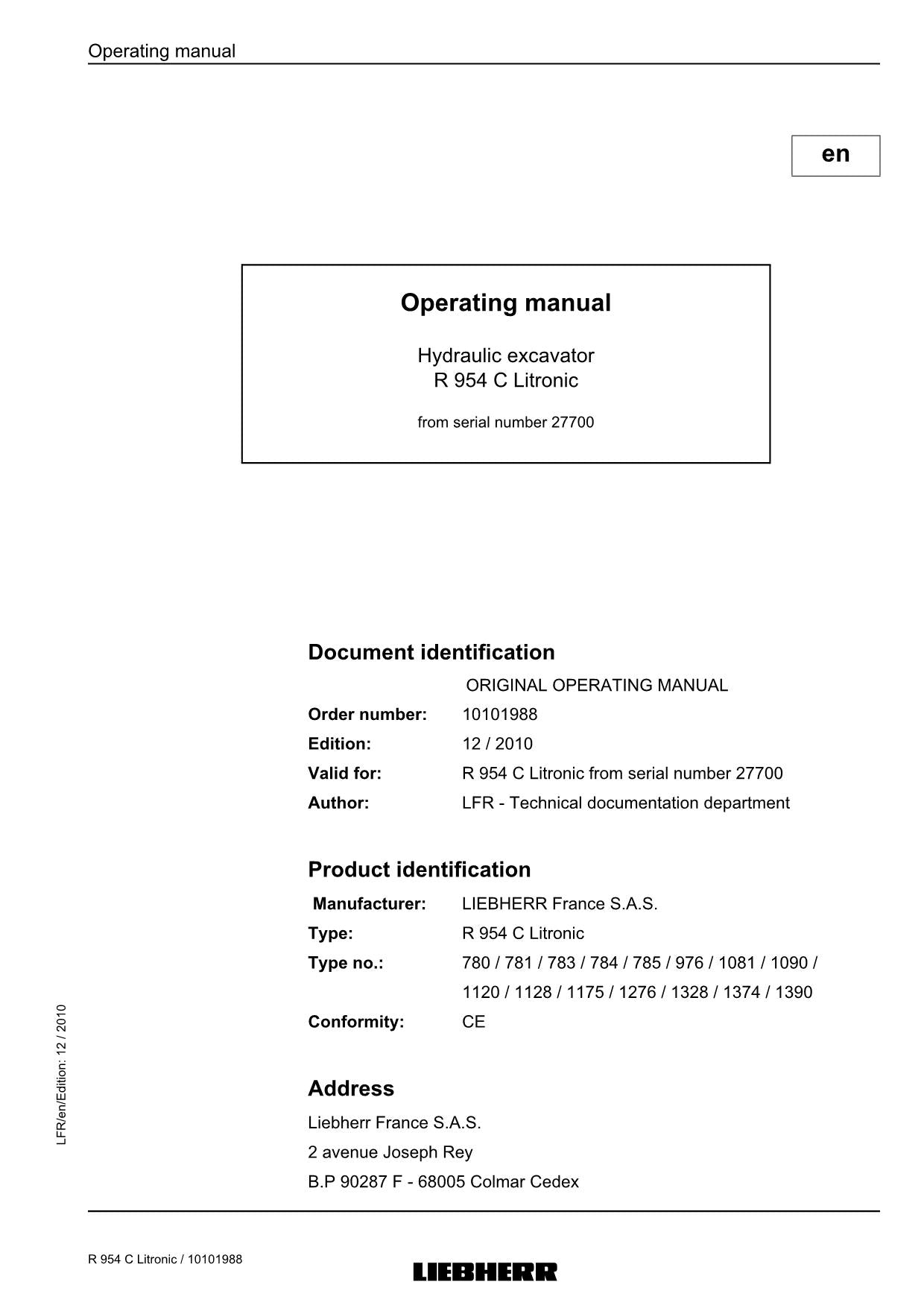 Liebherr R954 C Litronic Excavator Operators manual serial 27700