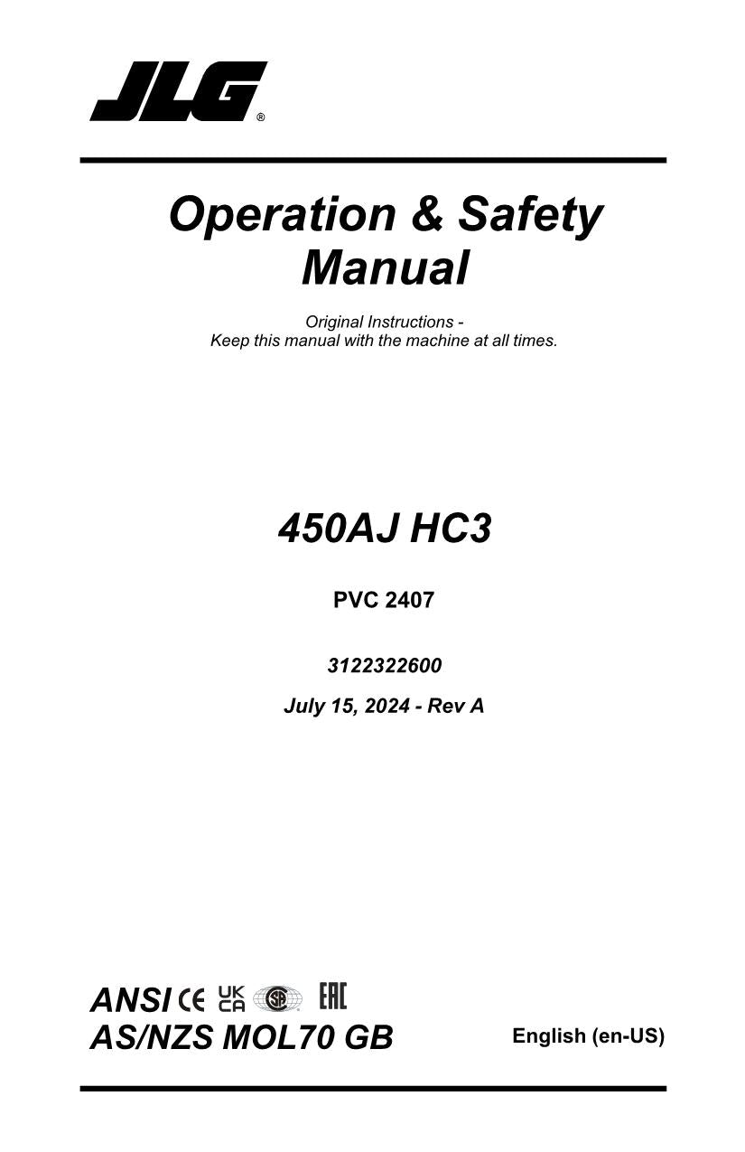 JLG 450AJ HC3 Boom Lift Maintenance Operation Operators Manual 3122322600