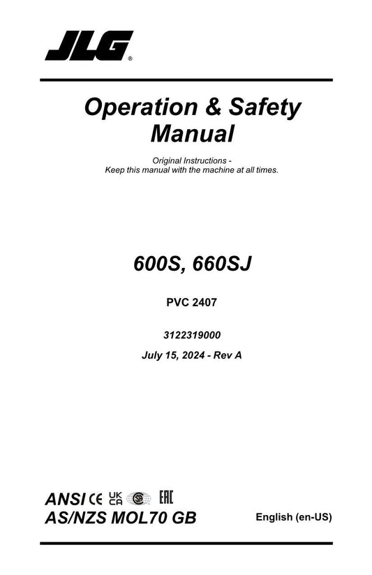 JLG 600S 660SJ Boom Lift Maintenance Operation Operators Manual 3122319000