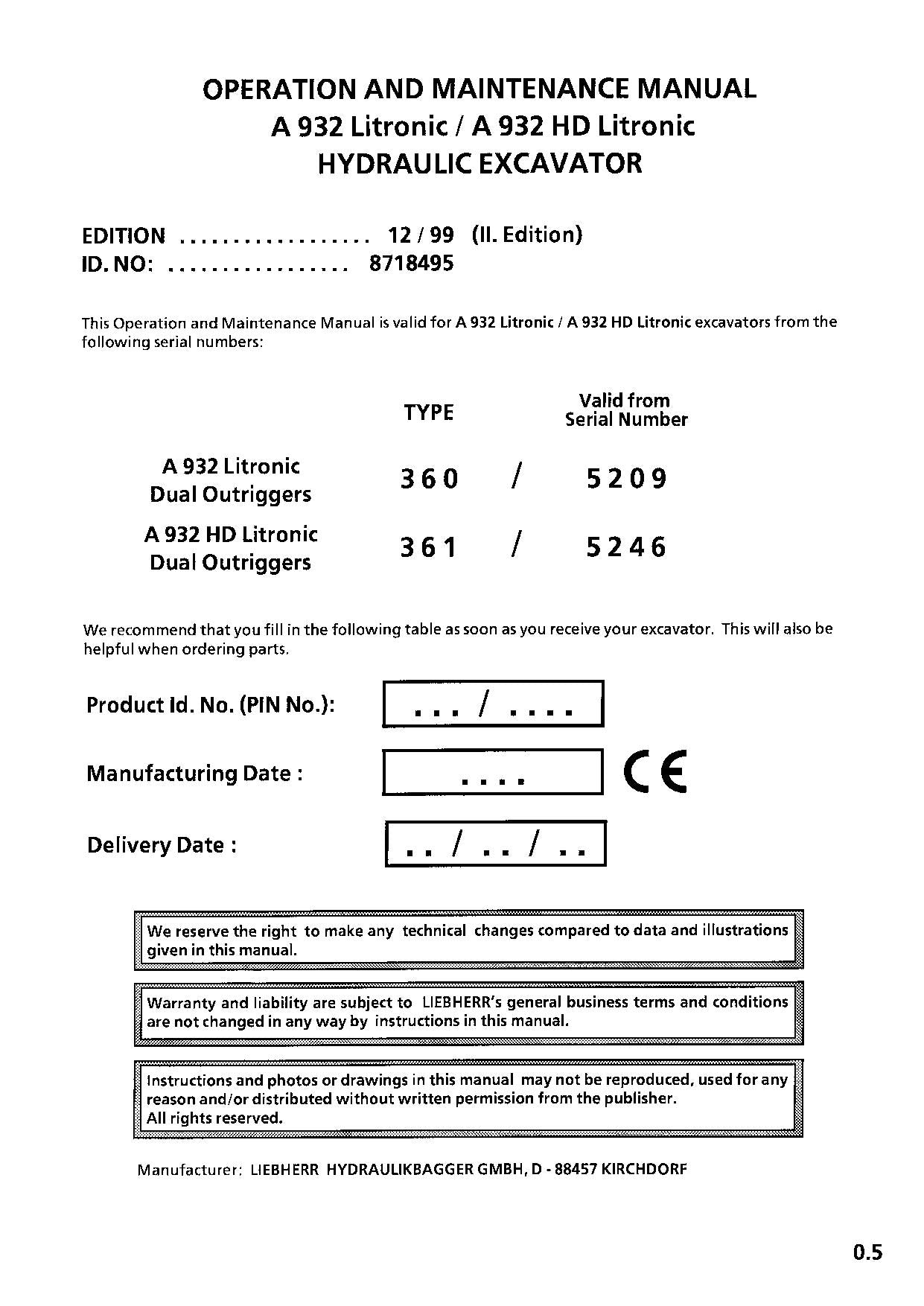 Liebherr A932 Litronic A932 HD Litronic Excavator Operators manual