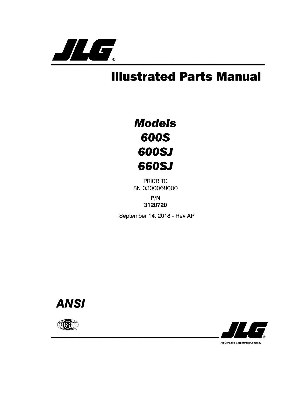 JLG 600S 600SJ 660SJ Boom Lift Parts Catalog Manual Prior to 0300068000