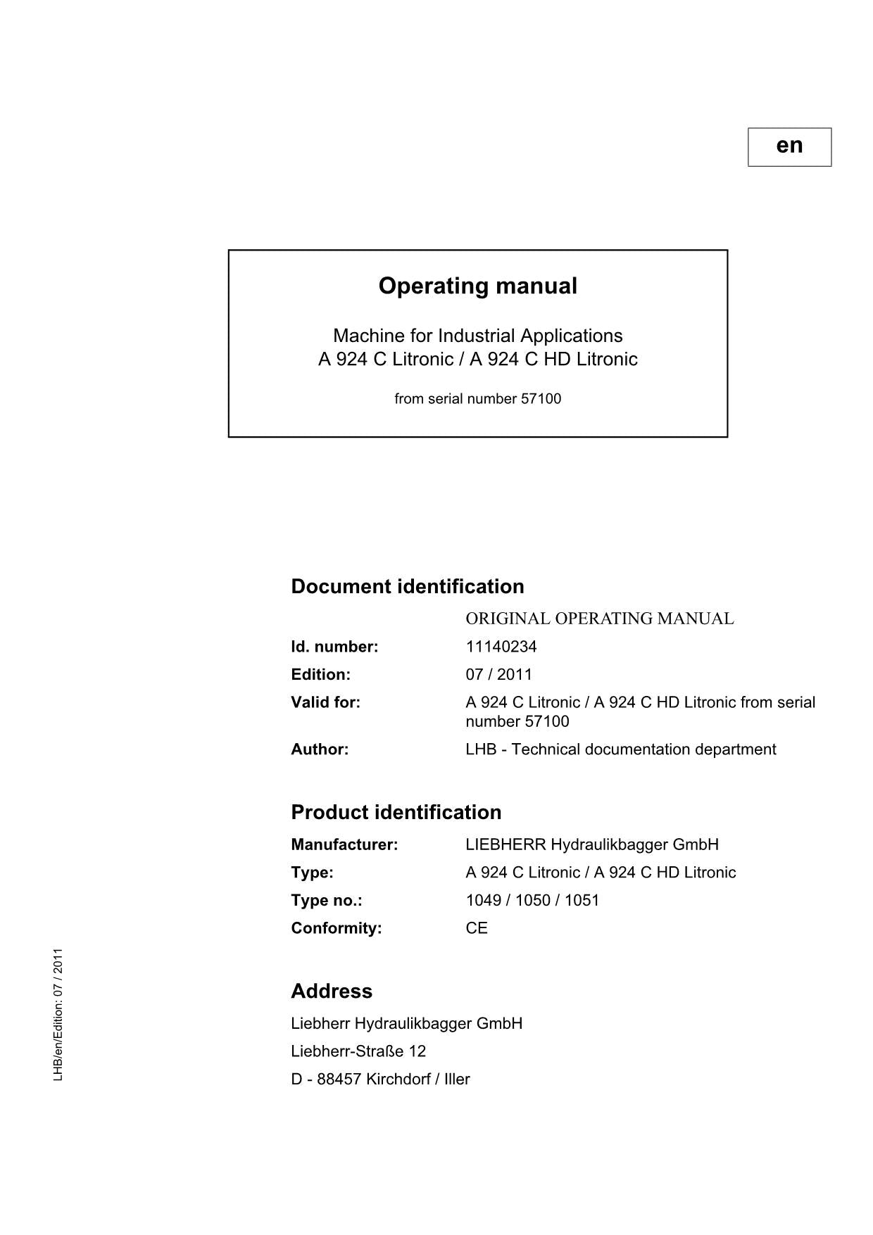 Liebherr A924 C Litronic A924 C HD Litronic Excavator Operators manual