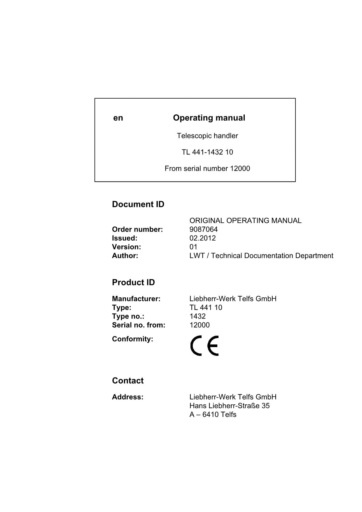 Liebherr TL441-1432 10 Telescopic handler Operators manual