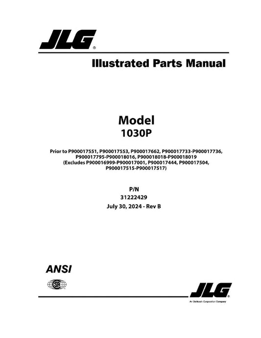 JLG 1030P Vertical Mast Parts Catalog Hard Copy Manual