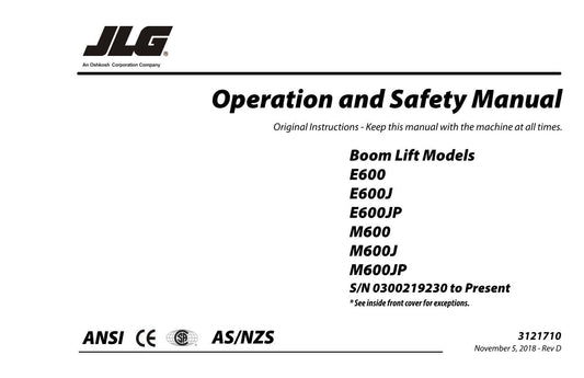 JLG E600 E600J E600JP M600 M600J M600JP Boom Lift Operators Manual 3121710