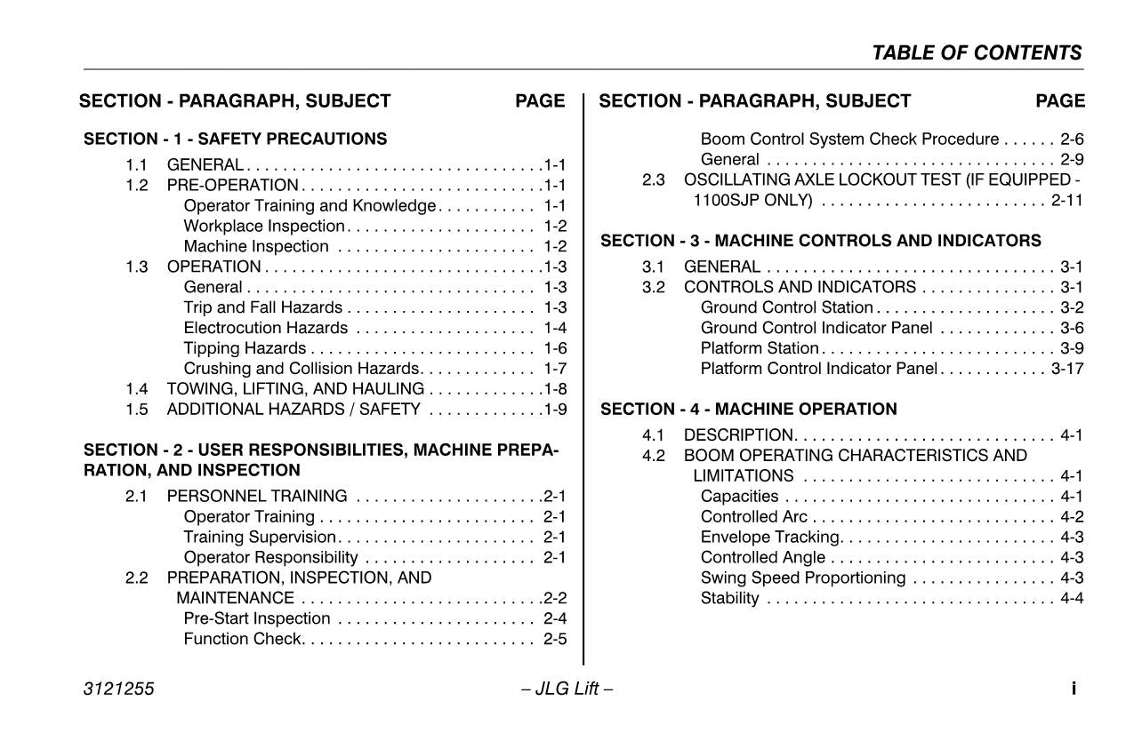 JLG 1100S 1100SJP Boom Lift Maintenance Operation Operators Manual