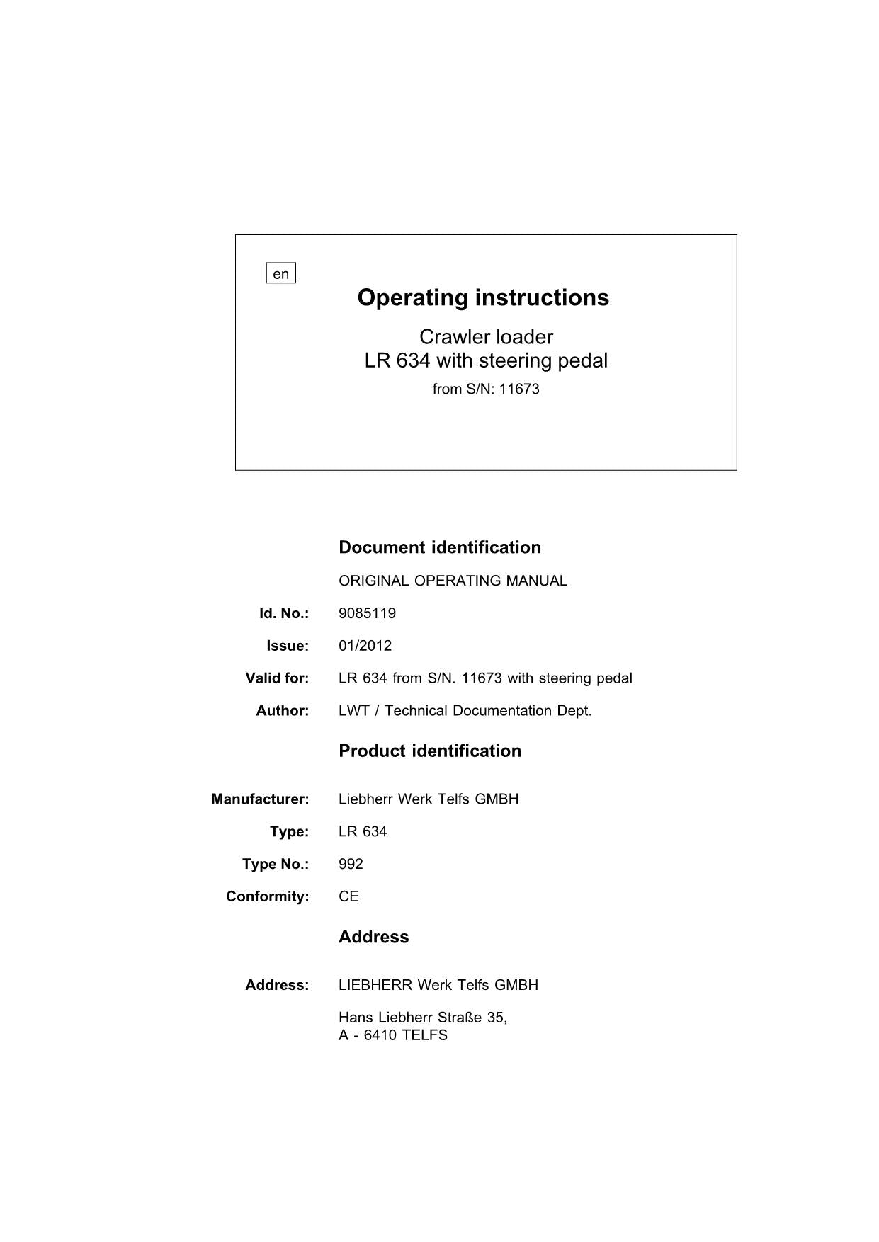 Liebherr LR634 CRAWLER LOADER Operators manual 9085119 serial 11673