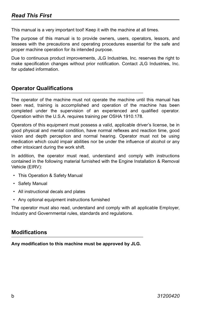 JLG EIRV Telehandler Maintenance Operation Operators Manual