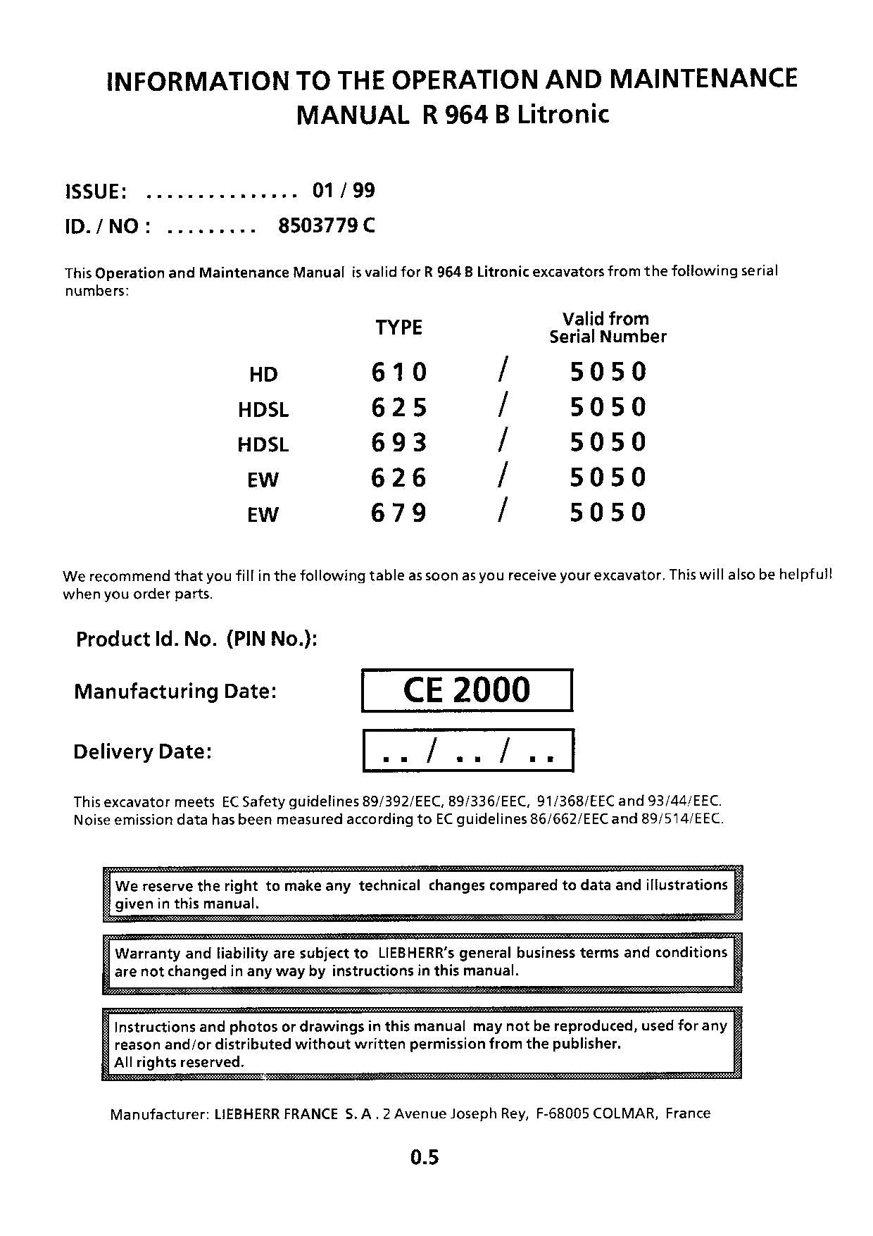 Liebherr R964 B Litronic Excavator Operators manual serial 5050