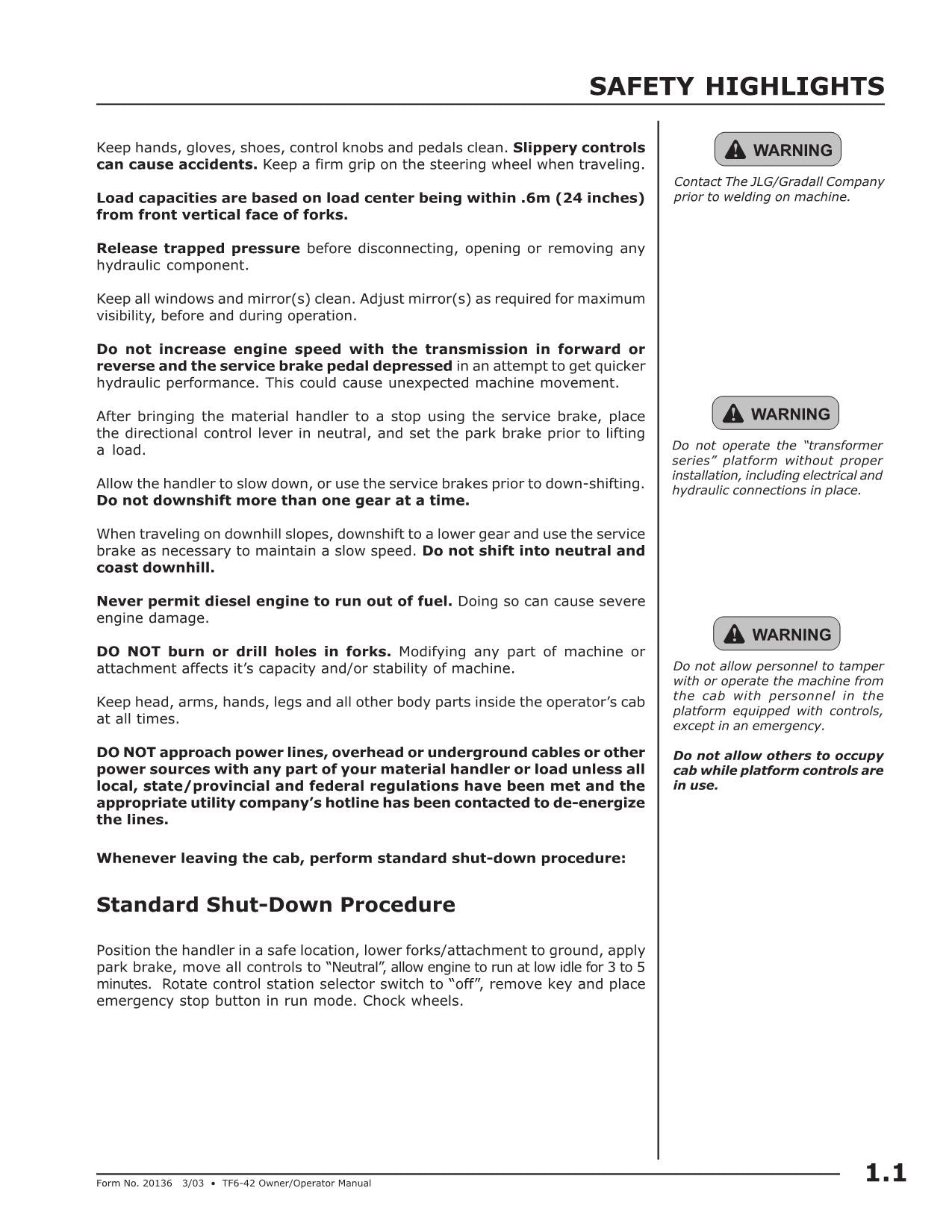 GRADALL JLG TF6-42 Telehandler Maintenance Operation Operators Manual