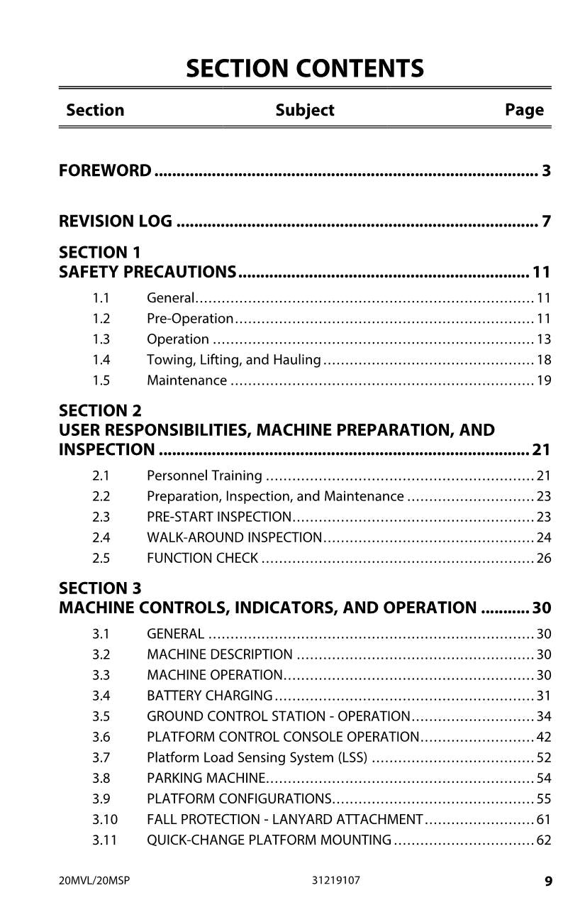 JLG 20MSP 20MVL Vertical Mast Maintenance Operation Operators Manual 31219107