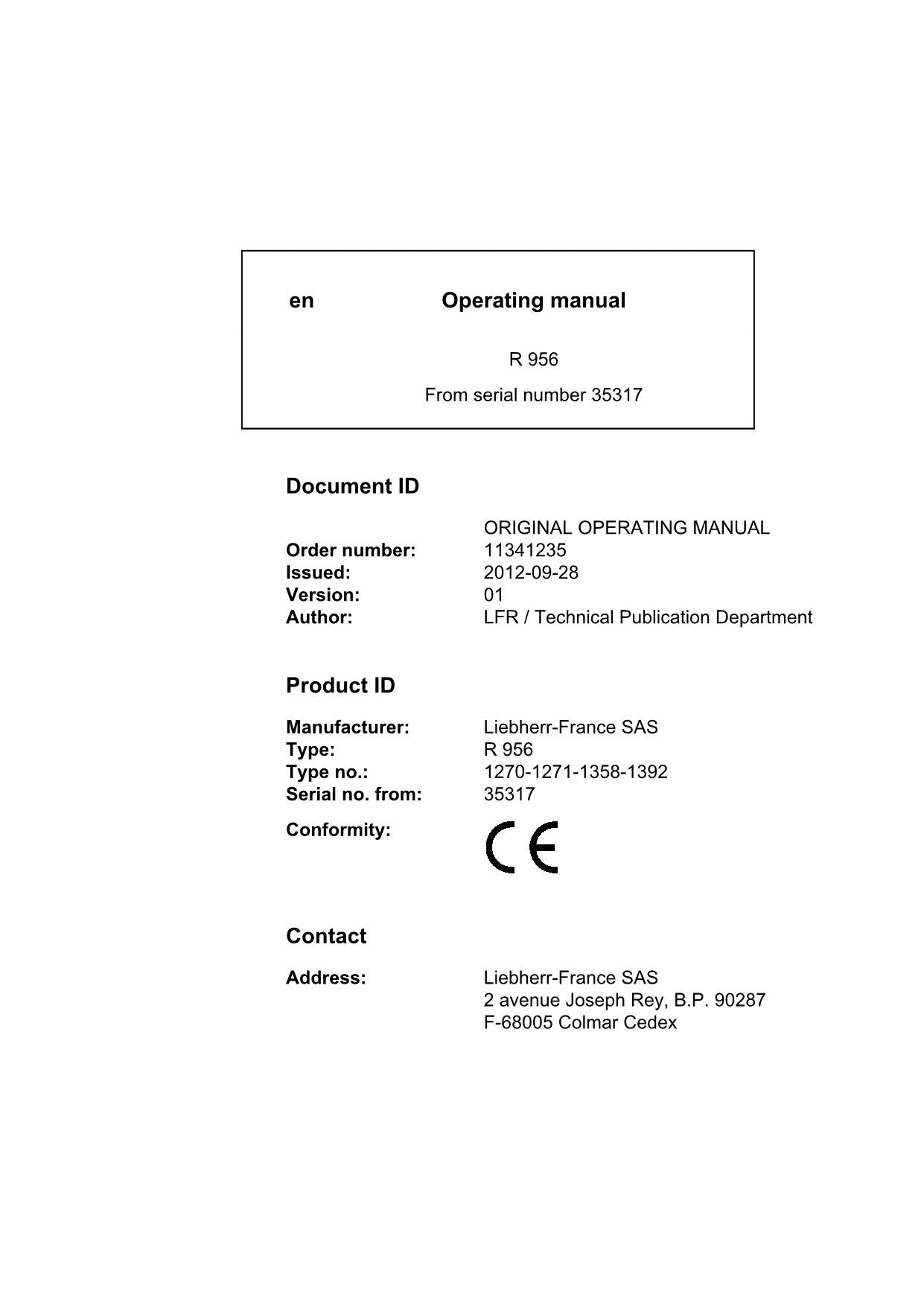 Liebherr R956 Excavator Operators manual