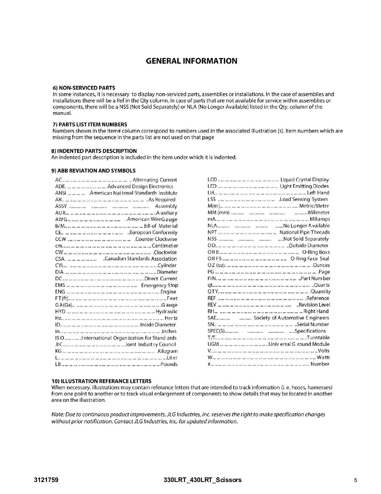 JLG 330LRT 430LRT Scissor Lift  Parts Catalog Manual