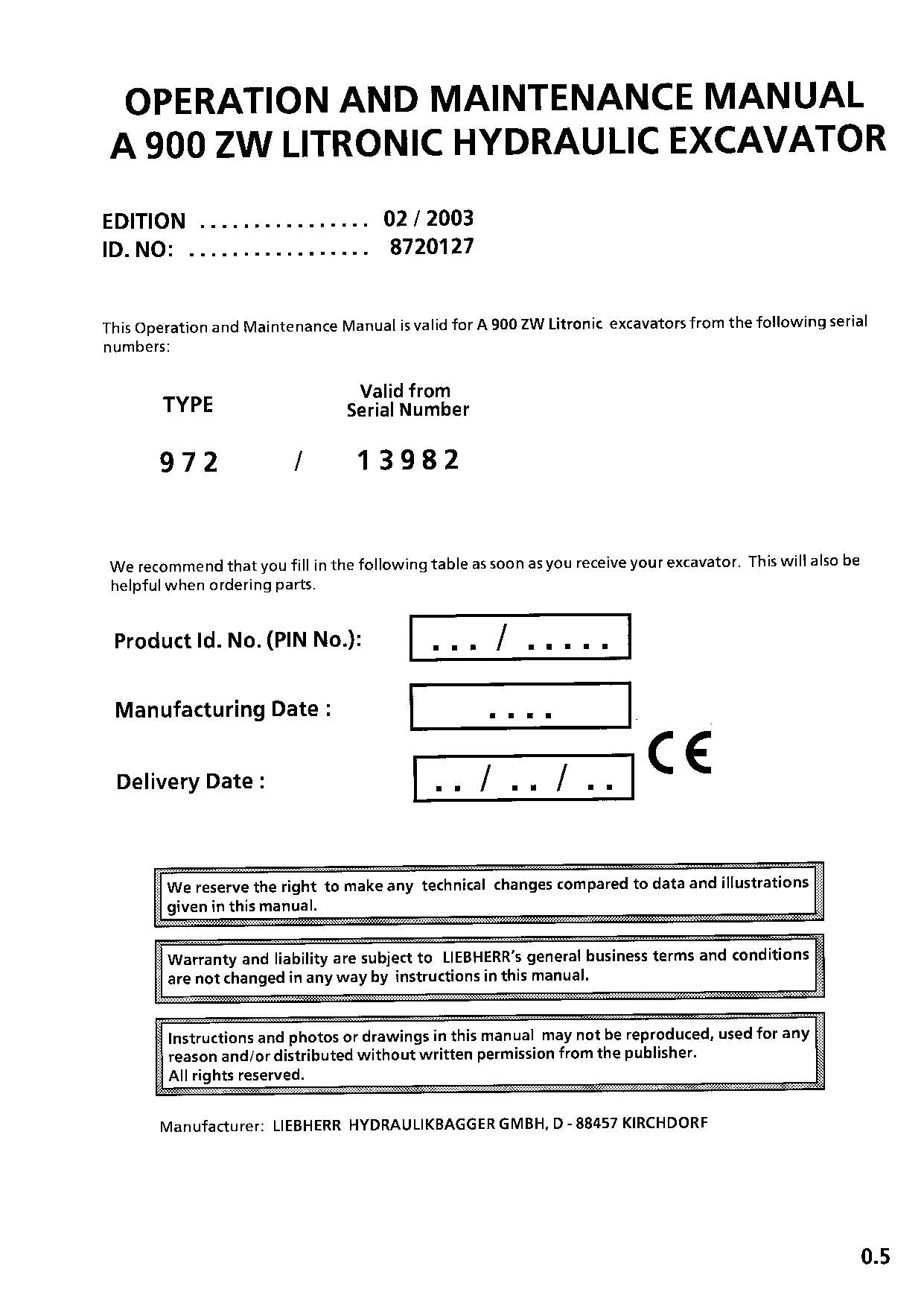 Liebherr A900 ZW Litronic  Excavator Operators manual